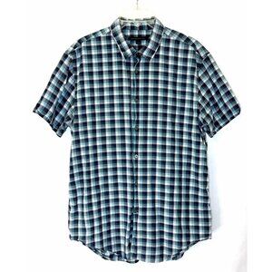 John Varvatos USA Mens Size Large Blue Check Short Sleeve Button Up Shirt
